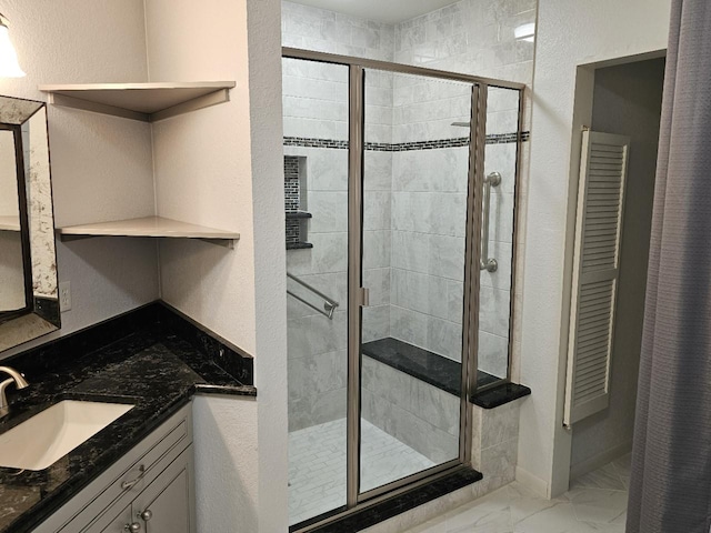 404 L Thompson St, Cedar Hill, TX 75104 - bathroom featuring marble finish floors, vanity, and a shower stall