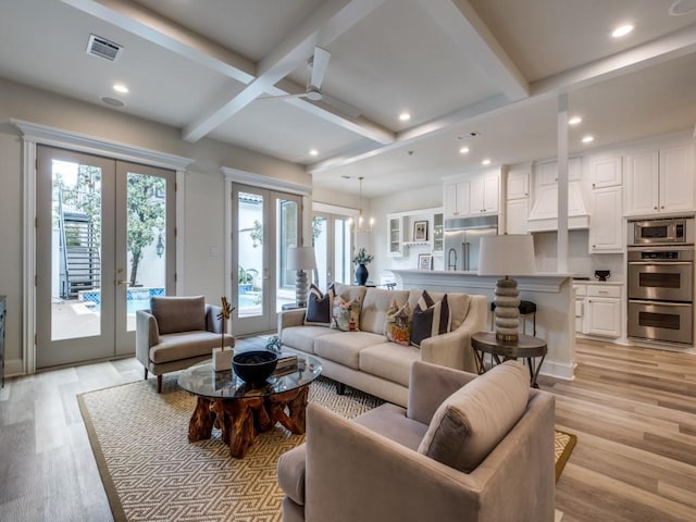 4414 Westway Ave, Highland Park, TX 75205 - living area with french doors, light wood-type flooring, recessed lighting, beamed ceiling, and coffered ceiling