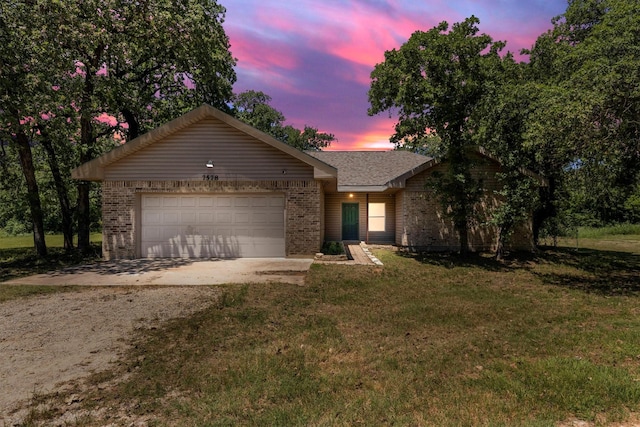 7578 Dick Price Rd, Mansfield, TX 76063 - single story home with brick siding, dirt driveway, a lawn, and a garage