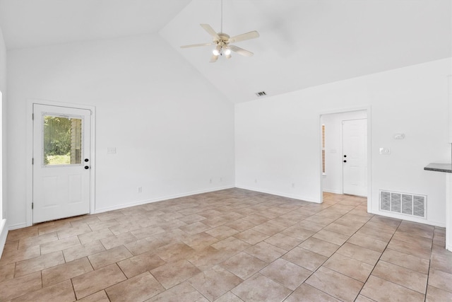 7578 Dick Price Rd, Mansfield, TX 76063 - unfurnished living room with high vaulted ceiling and ceiling fan