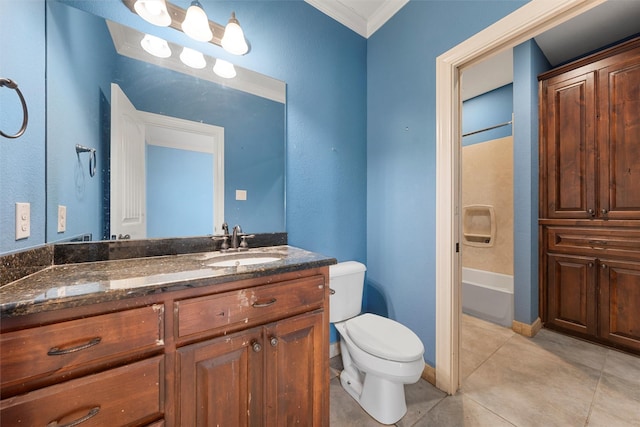 1411 Stillmeadow Dr, West, TX 76691 - bathroom with toilet, vanity, crown molding, tile patterned flooring, and tub / shower combination
