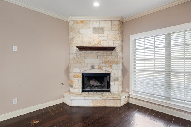 1411 Stillmeadow Dr, West, TX 76691 - unfurnished living room featuring baseboards, crown molding, dark wood-style floors, and a fireplace