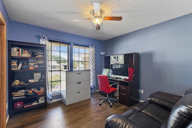5240 Hill Ridge Dr, Fort Worth, TX 76135 - office space featuring a textured ceiling, dark wood-type flooring, ceiling fan, and baseboards