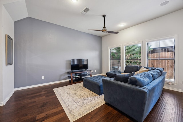 6116 Portrush Dr, Fort Worth, TX 76116 - living area featuring dark wood-style floors, ceiling fan, baseboards, and vaulted ceiling