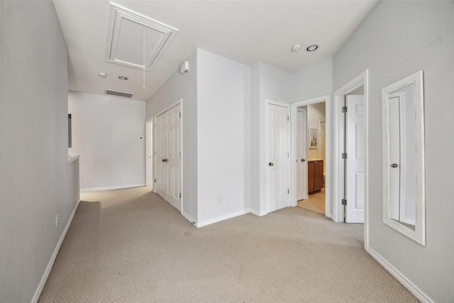 6116 Portrush Dr, Fort Worth, TX 76116 - hall featuring attic access, light carpet, and baseboards