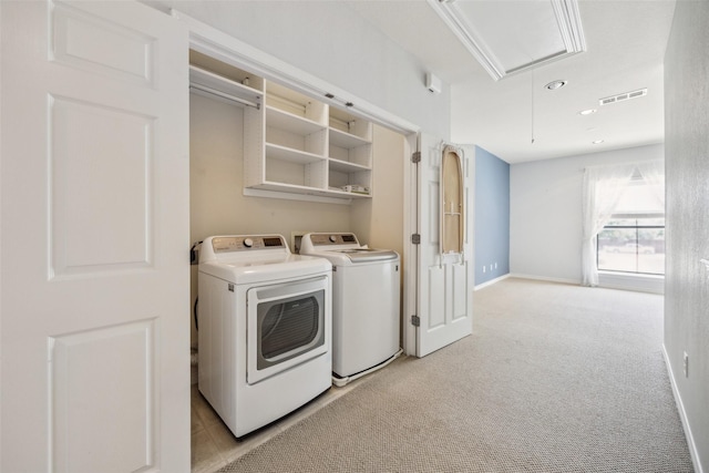 6116 Portrush Dr, Fort Worth, TX 76116 - laundry room featuring attic access, washer and clothes dryer, light carpet, and baseboards