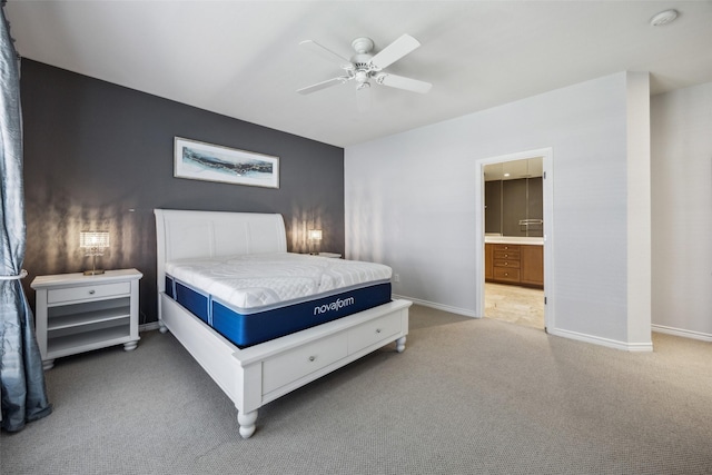 6116 Portrush Dr, Fort Worth, TX 76116 - bedroom with light colored carpet, baseboards, a ceiling fan, and connected bathroom