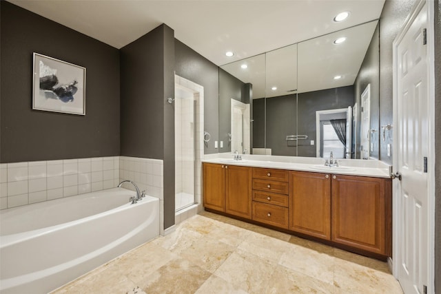 6116 Portrush Dr, Fort Worth, TX 76116 - bathroom with a bath, double vanity, a stall shower, and recessed lighting