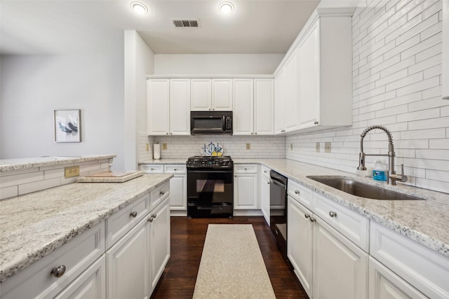 6116 Portrush Dr, Fort Worth, TX 76116 - kitchen featuring black appliances, a sink, backsplash, white cabinetry, and recessed lighting