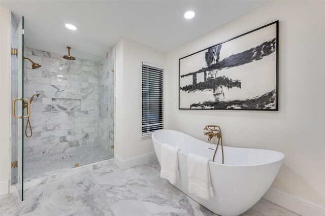 6702 Rolling Vista Dr, Dallas, TX 75248 - full bath with marble look tile flooring, a marble finish shower, baseboards, a freestanding tub, and recessed lighting