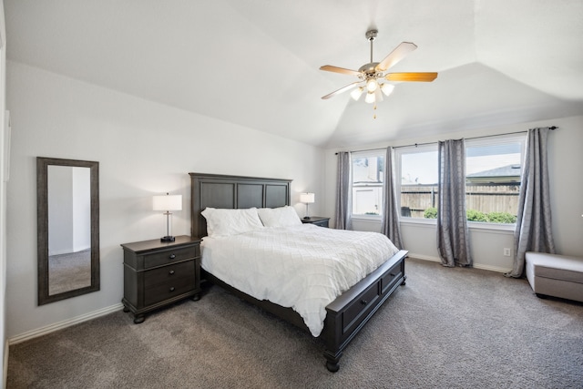 208 Bluefinch, Little Elm, TX 75068 - carpeted bedroom featuring lofted ceiling, baseboards, and ceiling fan