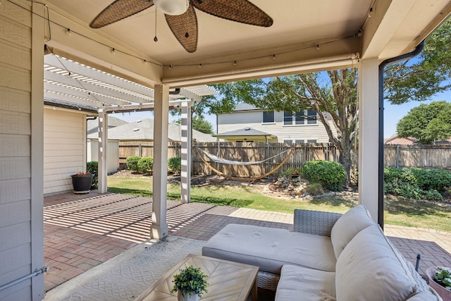 208 Bluefinch, Little Elm, TX 75068 - fenced backyard featuring a ceiling fan, a pergola, and a patio area