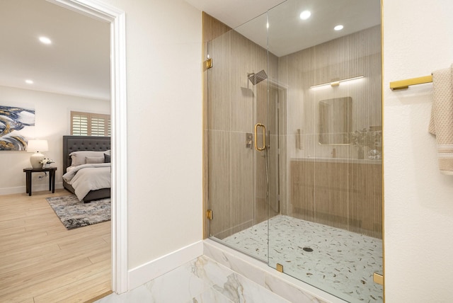 7818 Rolling Acres Dr, Dallas, TX 75248 - full bathroom featuring baseboards, recessed lighting, a stall shower, and connected bathroom