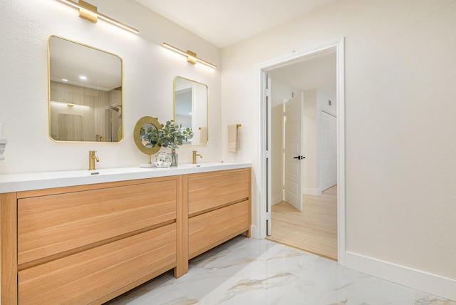 7818 Rolling Acres Dr, Dallas, TX 75248 - full bathroom featuring double vanity, baseboards, and marble finish flooring