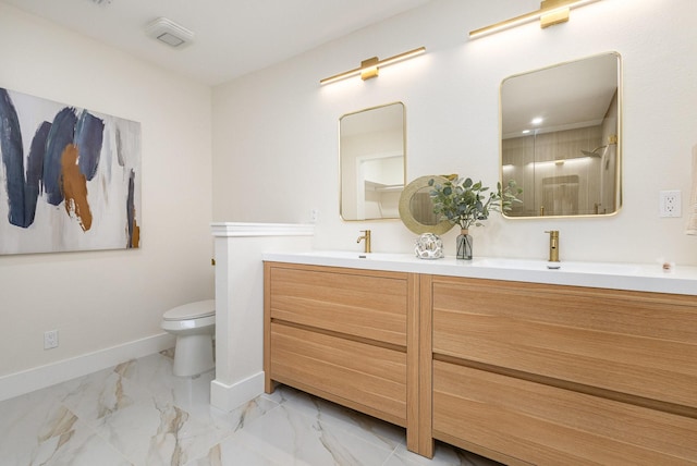 7818 Rolling Acres Dr, Dallas, TX 75248 - full bath featuring double vanity, toilet, baseboards, marble look tiles, and a walk in shower