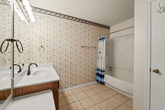 2311 Markland St, Irving, TX 75060 - bathroom featuring vanity, shower / bath combo, baseboards, wallpapered walls, and tile patterned flooring