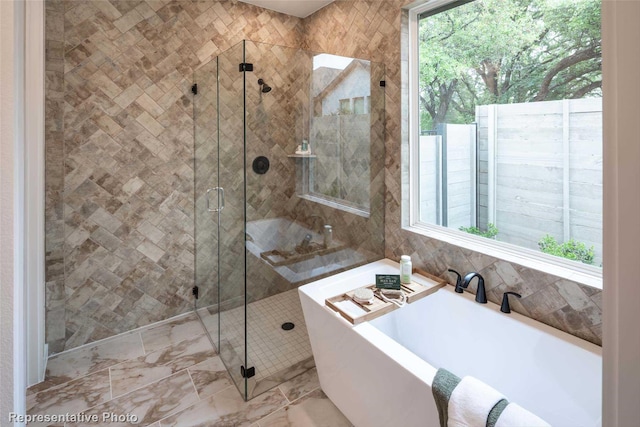 8413 Peach St, Justin, TX 76247 - full bath featuring a soaking tub, a stall shower, plenty of natural light, and tile walls