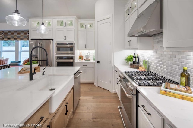 8413 Peach St, Justin, TX 76247 - kitchen with stainless steel appliances, under cabinet range hood, light wood-style flooring, a sink, and pendant lighting