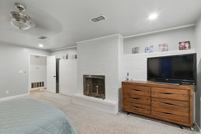 213 Lacewell St, Jacksboro, TX 76458 - bedroom with carpet floors, a fireplace, baseboards, ornamental molding, and recessed lighting
