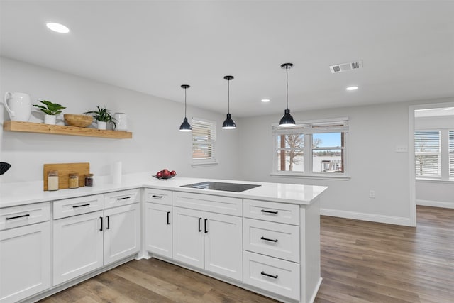 16030 Saint Paul Dr, Caney City, TX 75148 - kitchen featuring black electric stovetop, a peninsula, open shelves, light countertops, and light wood-type flooring