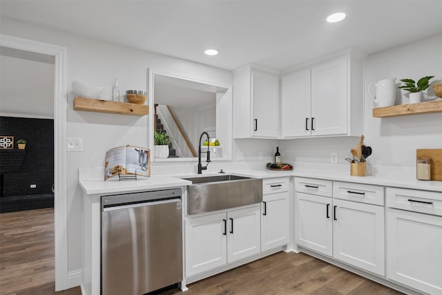 16030 Saint Paul Dr, Caney City, TX 75148 - kitchen with stainless steel dishwasher, open shelves, a sink, white cabinetry, and recessed lighting