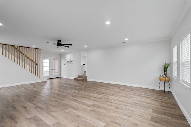 16030 Saint Paul Dr, Caney City, TX 75148 - unfurnished living room featuring crown molding, a ceiling fan, stairway, recessed lighting, and light wood-style floors