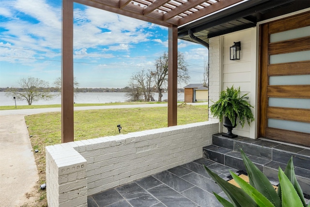 16030 Saint Paul Dr, Caney City, TX 75148 - view of patio featuring a water view and a pergola