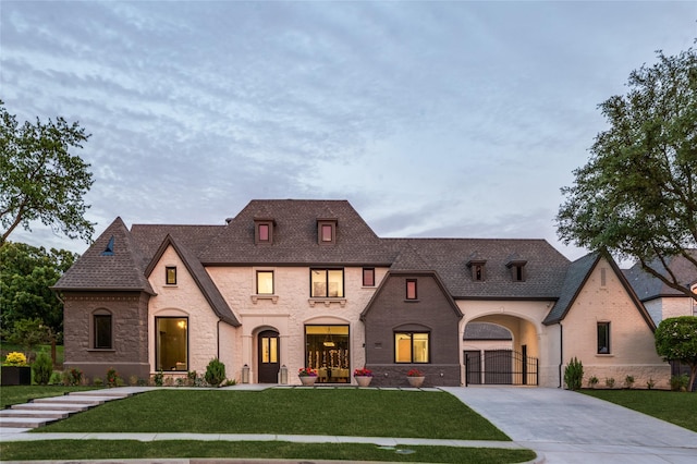 6075 Jordan Way, Frisco, TX 75034 - french country style house featuring a front yard and roof with shingles