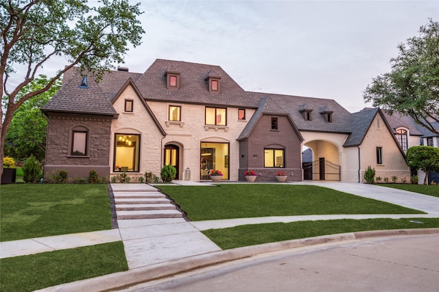 6075 Jordan Way, Frisco, TX 75034 - french provincial home featuring stone siding, a front yard, and roof with shingles