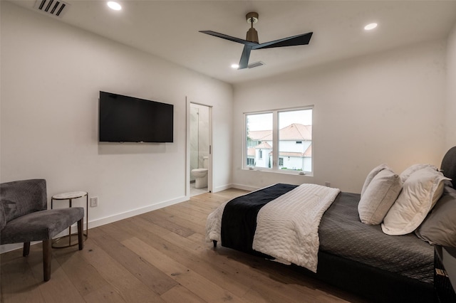 6075 Jordan Way, Frisco, TX 75034 - bedroom with hardwood / wood-style flooring, recessed lighting, baseboards, ensuite bath, and a ceiling fan