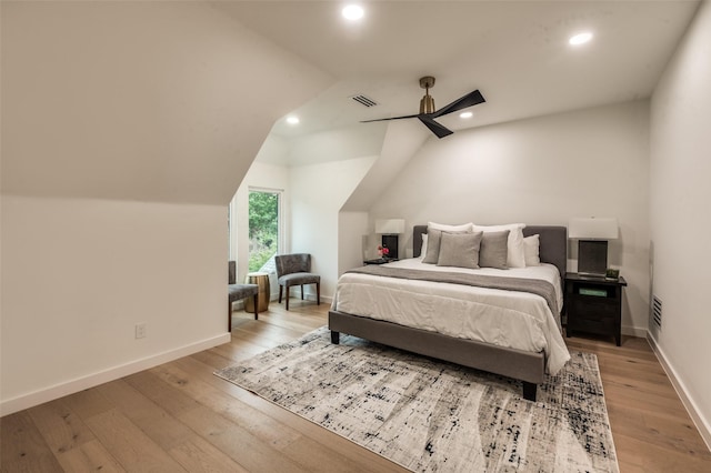 6075 Jordan Way, Frisco, TX 75034 - bedroom with recessed lighting, light wood-style floors, a ceiling fan, baseboards, and lofted ceiling