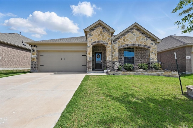 1229 Sequoia Ln, Princeton, TX 75407 - french country style house with an attached garage, driveway, a front lawn, stone siding, and brick siding