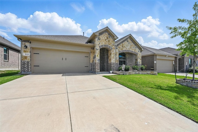 1229 Sequoia Ln, Princeton, TX 75407 - french country style house with a garage, driveway, a front lawn, stone siding, and brick siding