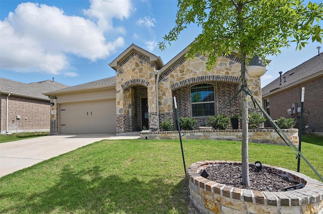 1229 Sequoia Ln, Princeton, TX 75407 - french country home with an attached garage, stone siding, driveway, and a front lawn