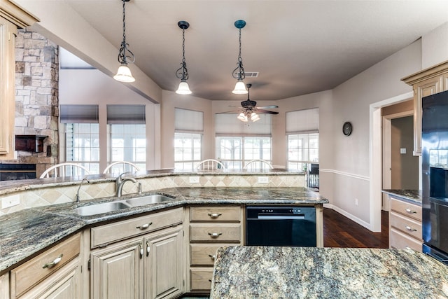 2206 Virginia Ln, Haslet, TX 76052 - kitchen with dishwasher, a ceiling fan, dark wood-style floors, fridge, and a sink