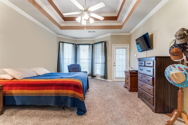 2206 Virginia Ln, Haslet, TX 76052 - bedroom with a tray ceiling, light colored carpet, crown molding, access to outside, and a ceiling fan