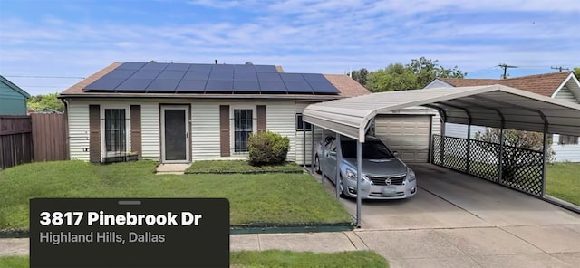 3817 Pinebrook Dr, Dallas, TX 75241 - view of front facade featuring solar panels and a detached garage