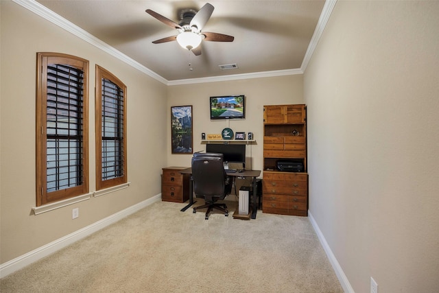 7811 Keith Ln, Sachse, TX 75048 - carpeted office featuring ornamental molding, a ceiling fan, and baseboards
