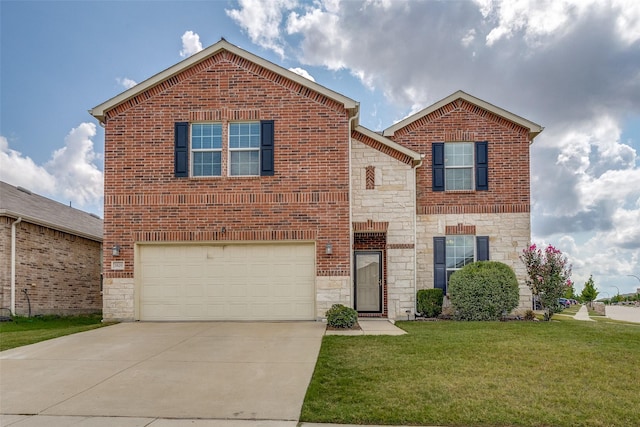 7828 Tudanca Trl, Fort Worth, TX 76131 - traditional-style home featuring stone siding, a garage, a front yard, driveway, and brick siding