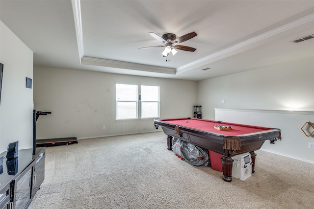 7828 Tudanca Trl, Fort Worth, TX 76131 - rec room with billiards table, a raised ceiling, carpet flooring, ceiling fan, and baseboards