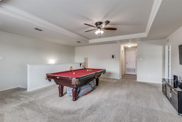 7828 Tudanca Trl, Fort Worth, TX 76131 - playroom featuring a tray ceiling, carpet, ceiling fan, billiards, and ornamental molding