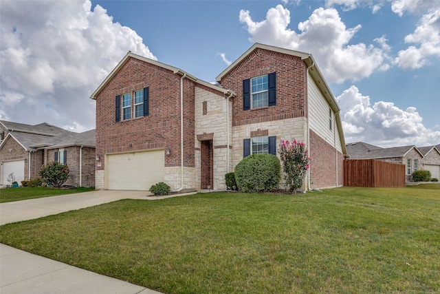 7828 Tudanca Trl, Fort Worth, TX 76131 - traditional home with concrete driveway, stone siding, an attached garage, and brick siding