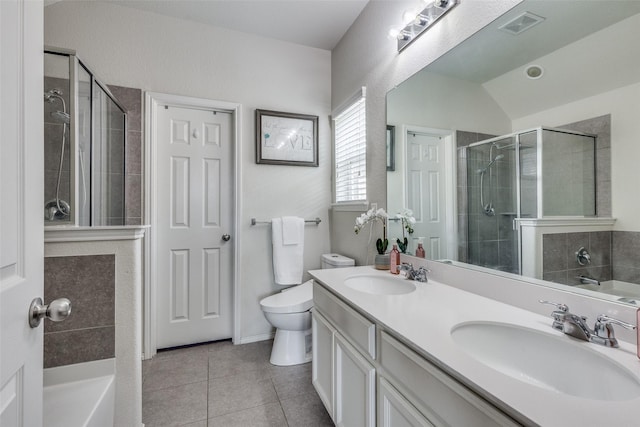 7828 Tudanca Trl, Fort Worth, TX 76131 - bathroom with tile patterned floors, a tile shower, double vanity, a garden tub, and lofted ceiling