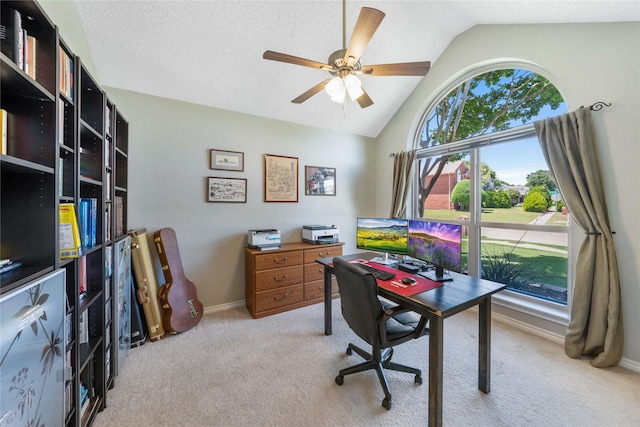 11505 Canoe Rd, Frisco, TX 75035 - home office with lofted ceiling, light colored carpet, ceiling fan, and baseboards