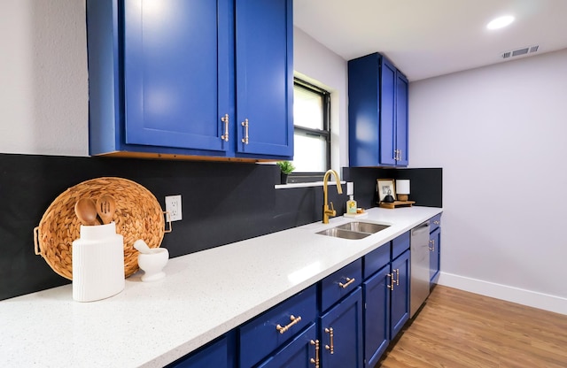 6519 Club Wood, Dallas, TX 75237 - kitchen featuring a sink, blue cabinetry, stainless steel dishwasher, baseboards, and light wood-style floors