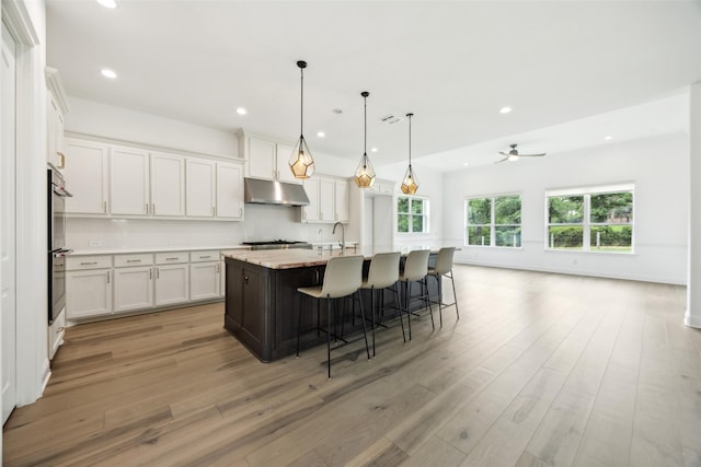 3705 Melville Cir, Flower Mound, TX 75022 - kitchen with under cabinet range hood, light wood-style floors, ceiling fan, a breakfast bar, and a kitchen island with sink