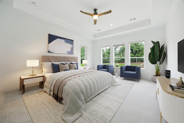 3705 Melville Cir, Flower Mound, TX 75022 - carpeted bedroom featuring a tray ceiling, ceiling fan, and recessed lighting