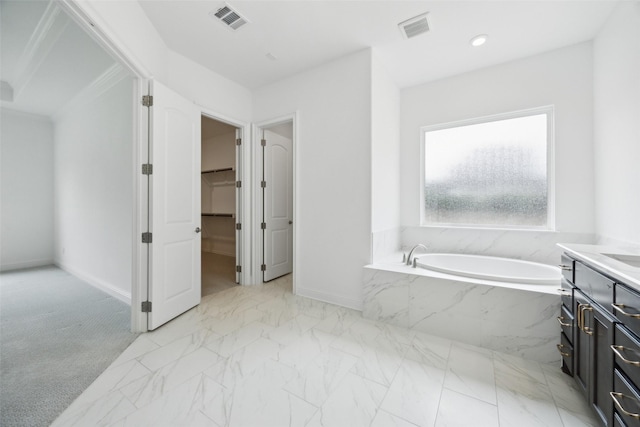 3705 Melville Cir, Flower Mound, TX 75022 - full bath with vanity, a bath, marble finish flooring, baseboards, and recessed lighting