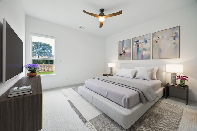 3705 Melville Cir, Flower Mound, TX 75022 - bedroom with light colored carpet, baseboards, and a ceiling fan