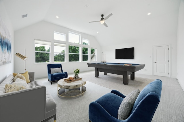 3705 Melville Cir, Flower Mound, TX 75022 - rec room featuring lofted ceiling, carpet floors, ceiling fan, billiards, and recessed lighting